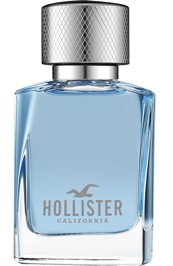 Blå parfymflaska med Hollister Wave herrparfym på vit bakgrund