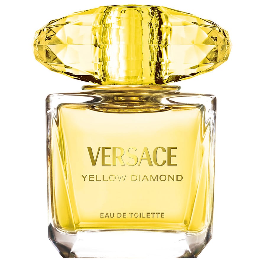 Klar parfymflaska av Versace Yellow Diamond, damparfym med gul nyans och glittrande detaljer